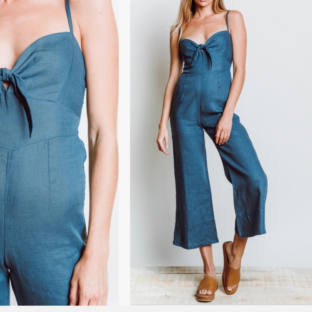Nwot Faithful Bow Tie Linen Presley Capri Jumpsuit Linen Blue